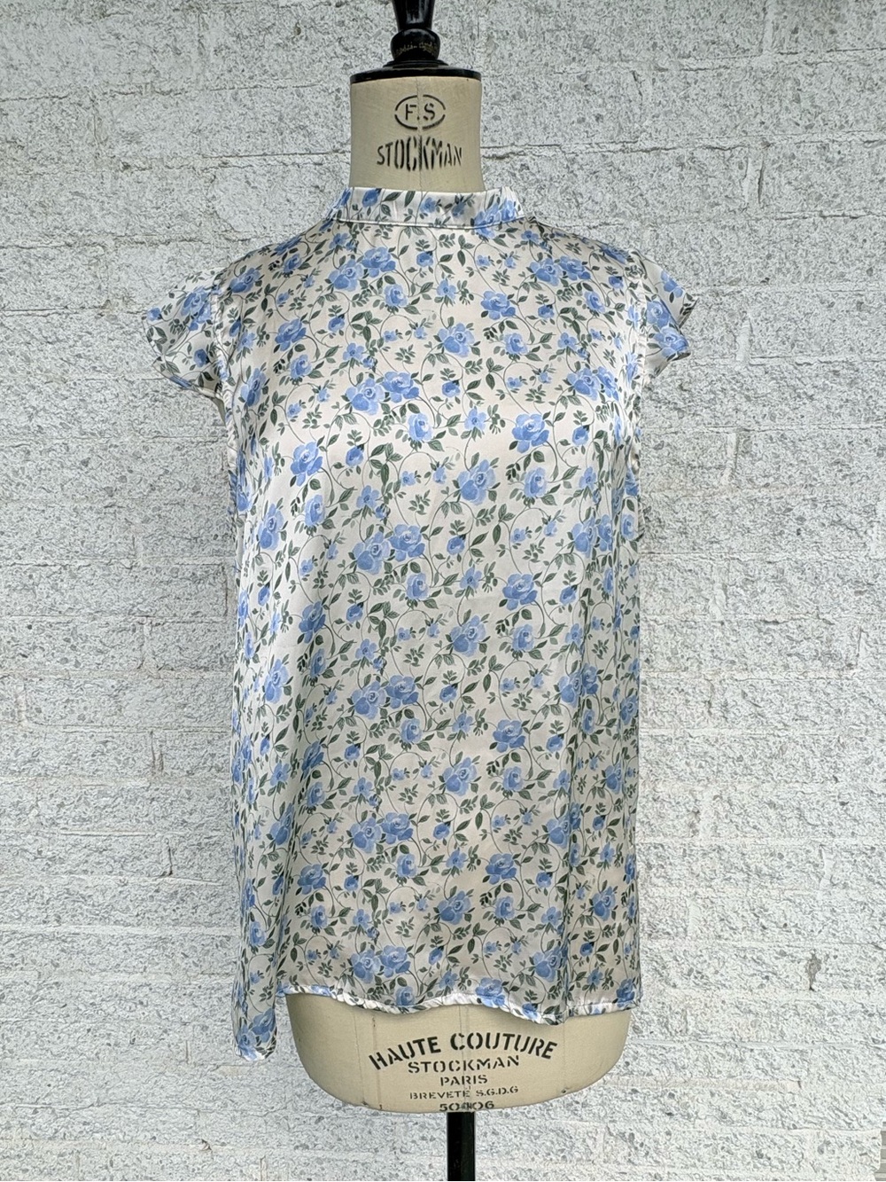 Tristan Cream Satin Blouse with Blue Floral Print